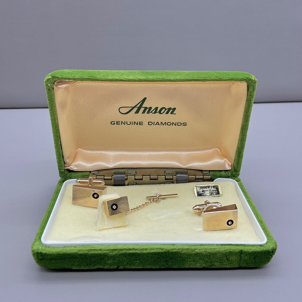 Anson Cufflinksβ Set Men 24KT Gold Plated Genuine Diamond Heavy Electroplate